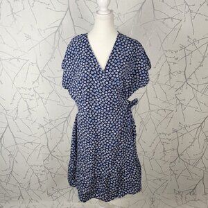 Old Navy Blue Daisy Floral Printed 55% Linen Blend Peplum Wrap Dress